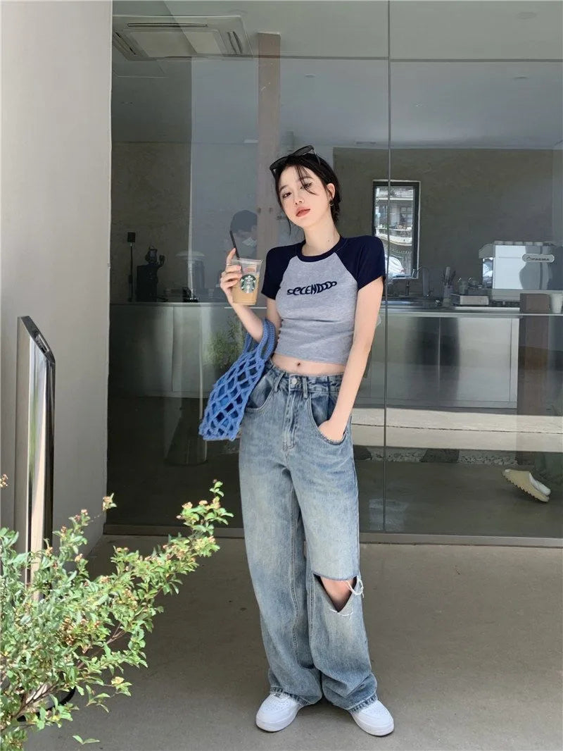 Y2K Women T Shirt Patchwork Letter Slim Fit Crop Tops Streetwear Casual Korean Fashion Short Sleeve Tshirts Bae Female Tees