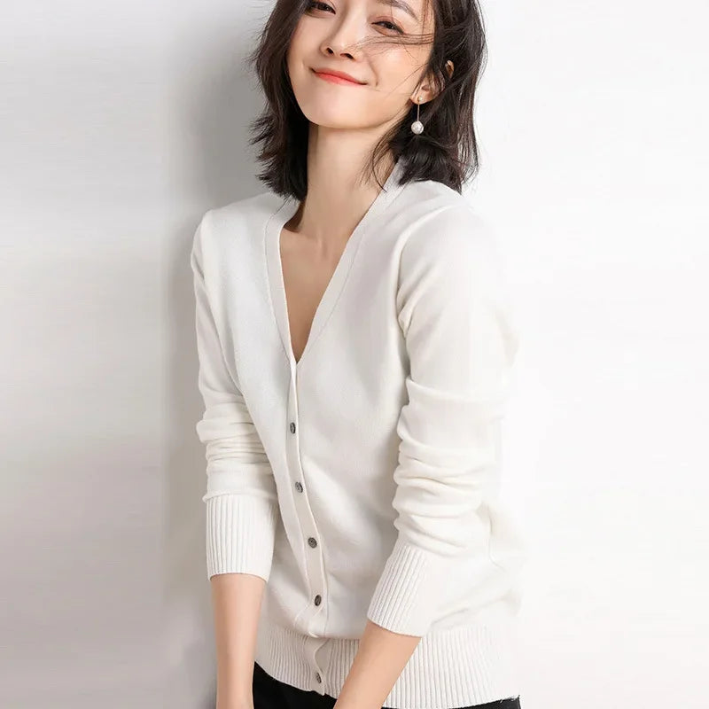 2025 Women Cardigans Long Sleeve Knitted Outerwear Solid Thin Spring Autumn Sweaters V-neck Knitwears Korean Fashion Cardigans