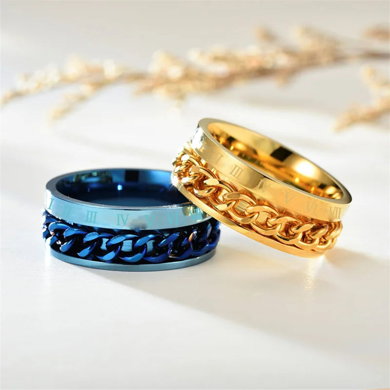 Titanium Steel Rotatable Chain Fidget Spinner Mens Rings Multifunction Anti Stress Knuckle Ring Accessories Anillo Hombres