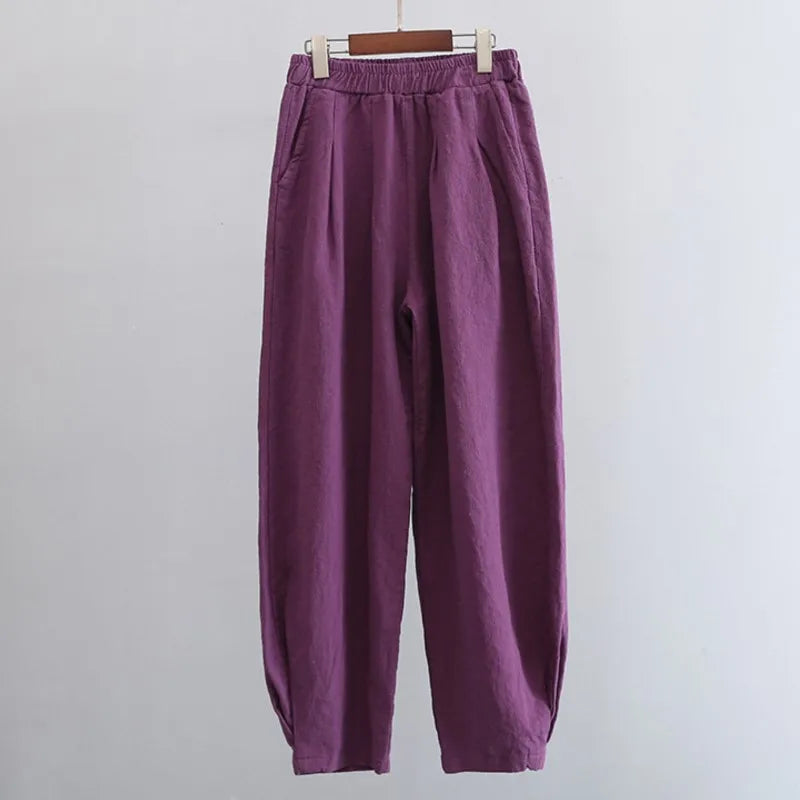 Johnature Women Vintage Solid Color Long Pants Linen Elastic Wasit 2025 Spring New Trouser Pockets Loose Women Straight Pants