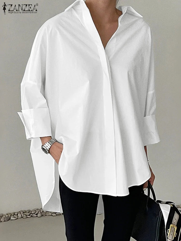 ZANZEA Oversized Women's White Shirts Turn-Down Collar Long Sleeve Button Up High-Low Solid Color Tops 2025 Autumn Streetwear