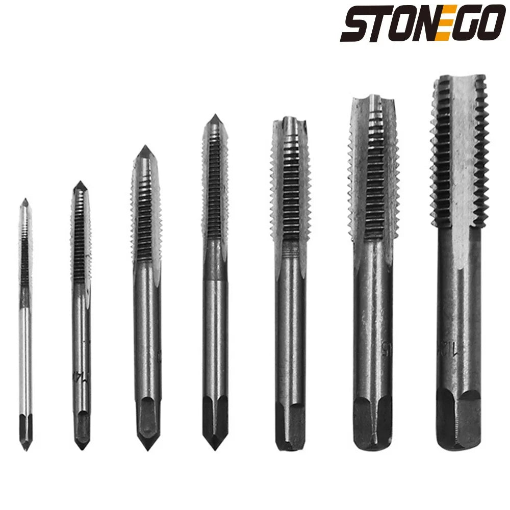 STONEGO 5PCS/7PCS Bearing Steel Taper Hand Spiral Point Straight Fluted Screw Thread Hand Tap Drill M3/M4/M5/M6/M8/M10/M12