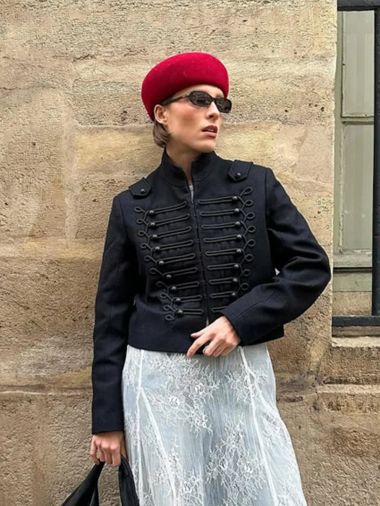 Solid Stand Collar Military Jacket Women Fashion Black Long Sleeve V-neck Short Jackets 2026 Lady Spring Autumn Chic Outwear New