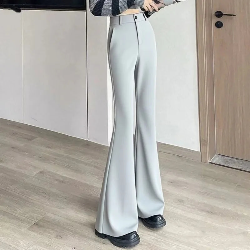 Women's High-Waisted Flared Pants Slim Fit Formal Trousers with Button Closure