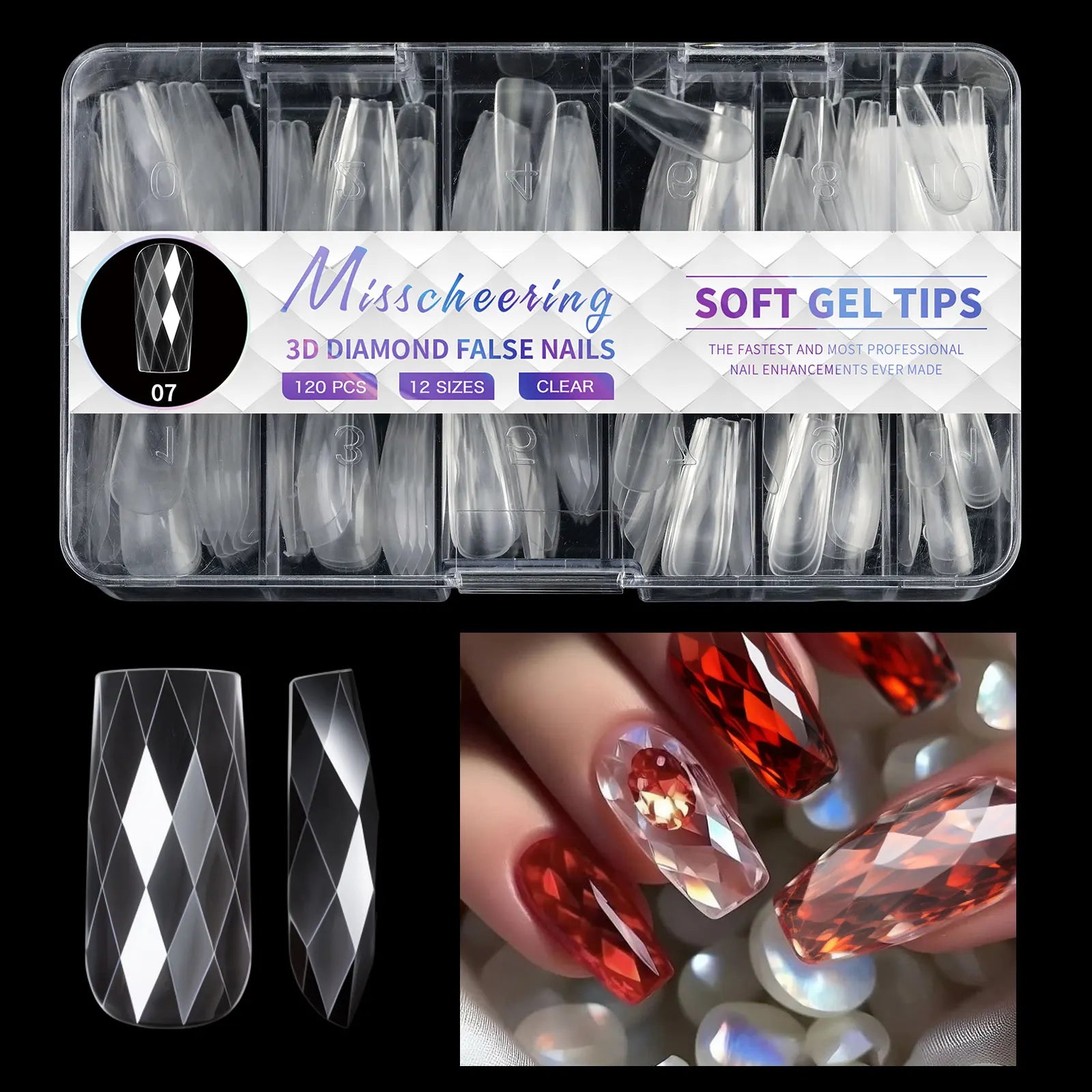 120/140Pcs 3D Diamond Almond Ballet Coffin False Nails Clear Press On Nails For Acrylic Gel Reusable Fake Tips DIY Nail Supplies