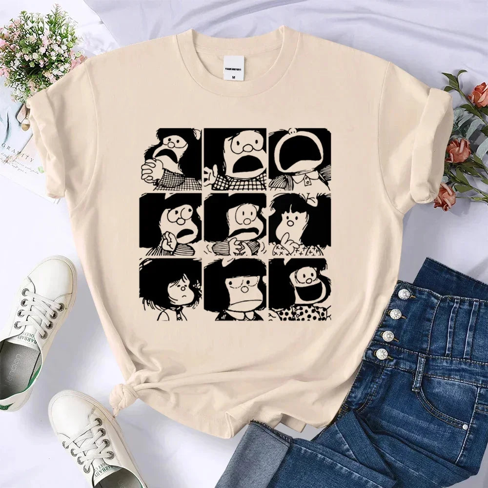 Mafalda Top Women's Casual Loose Comfortable Summer Pattern Manga T-shirt Female Designer Harajuku Clothing