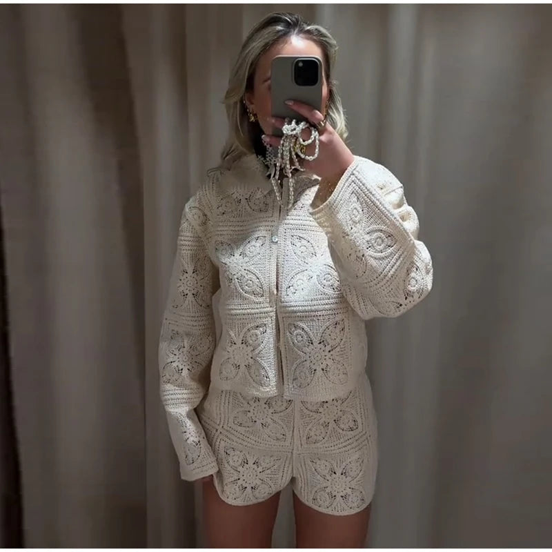 Sweater Crochet Tops Shorts Women Set Lapel Single Breasted Short Top Crochet Flower Hollow Out Shorts Casual Loose Woman Suits