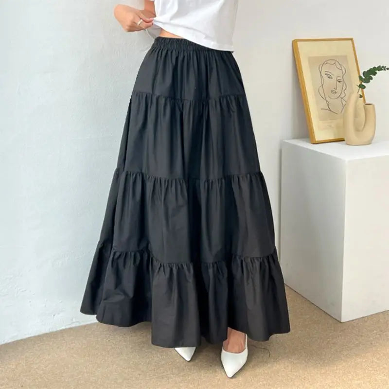 ZANZEA Women Korean Fashion Tiered Maxi Skirt Elastic Waist Casual Solid Color A-line Faldas Mujer Holiday Streetwear Long Jupes
