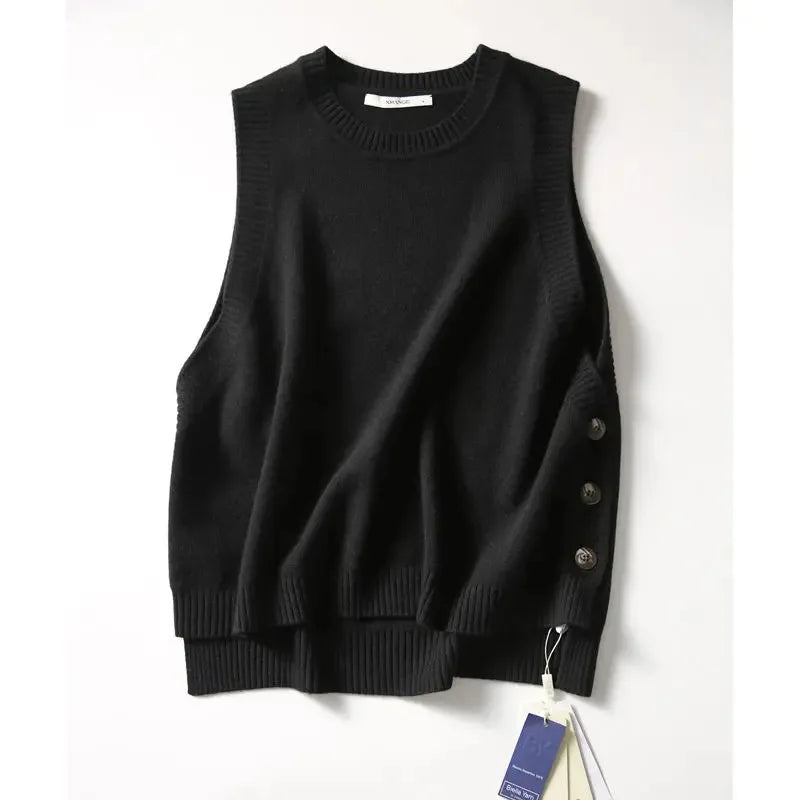 Fashion knit sweater vest College style under three-button solid color crew neck casual all-match pullover sweater for women