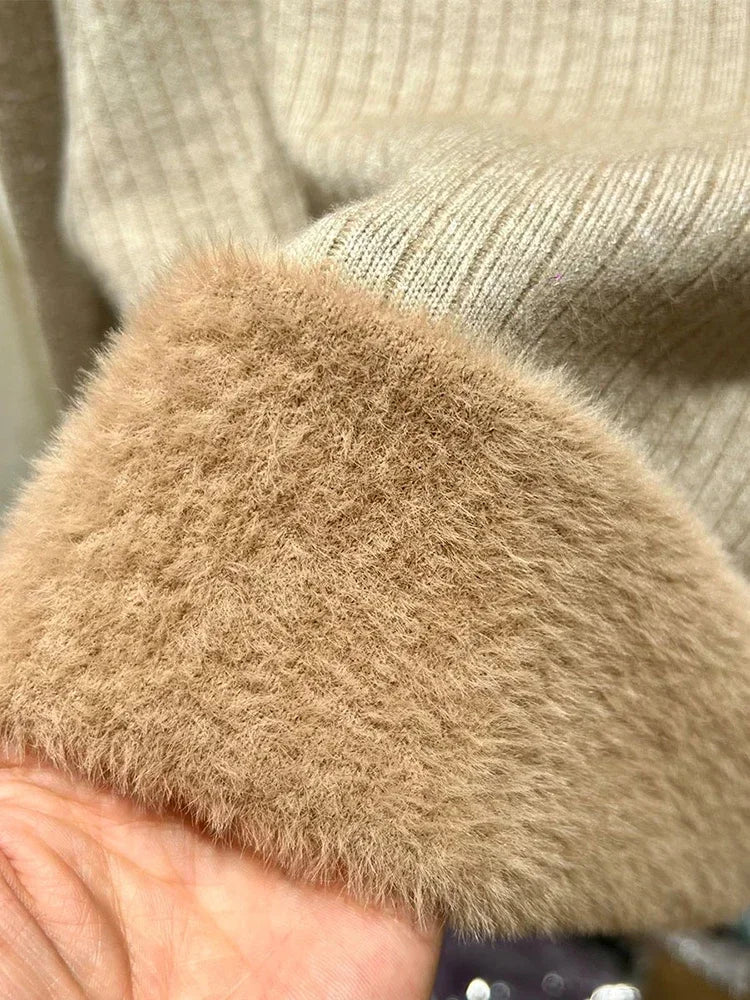 Winter Warm Sweater Pullover Women Slim Thicken Plush Velvet Lined Knitwear Jumper Korean Half Turtleneck Poleras Soft Knit Tops