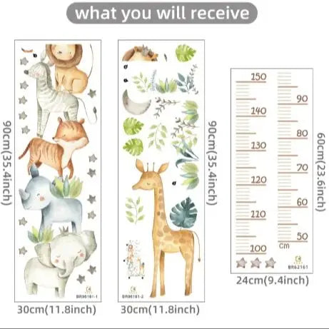 3PC Cartoon Animal Height Ruler Wall Stickers for Waterproof Removable PVC Home Decoration