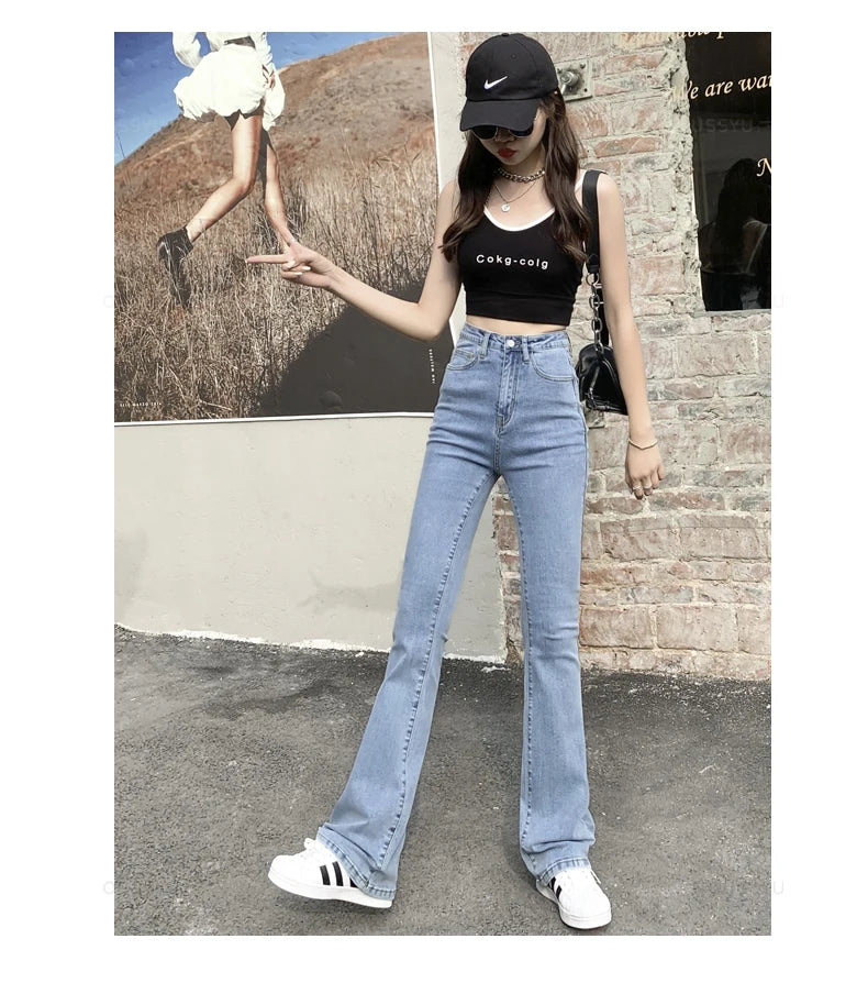 Flared Jeans Woman High Waist Denim Trousers For Female Blue White Black Elastic Skinny Fashion Classic Leisure Wide Leg Pants