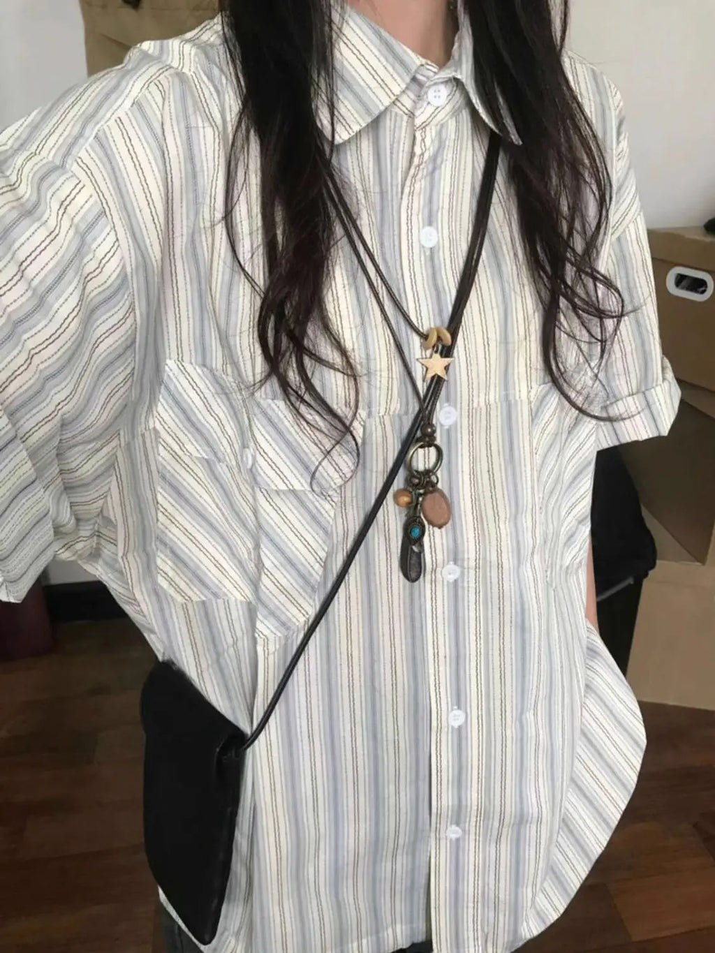 XEJ Chiffon Blouse for Women Japanese Retro Striped Short Sleeved Shirt for Women in Summer 2024 Short Sleeve Shirt Tops Y2k