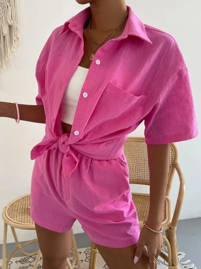 Women's Cotton Suit  Short Sleeve Casual Elegant Green Soild Two Piece Set Women Outfit Suit Shorts and Shirt for Women
