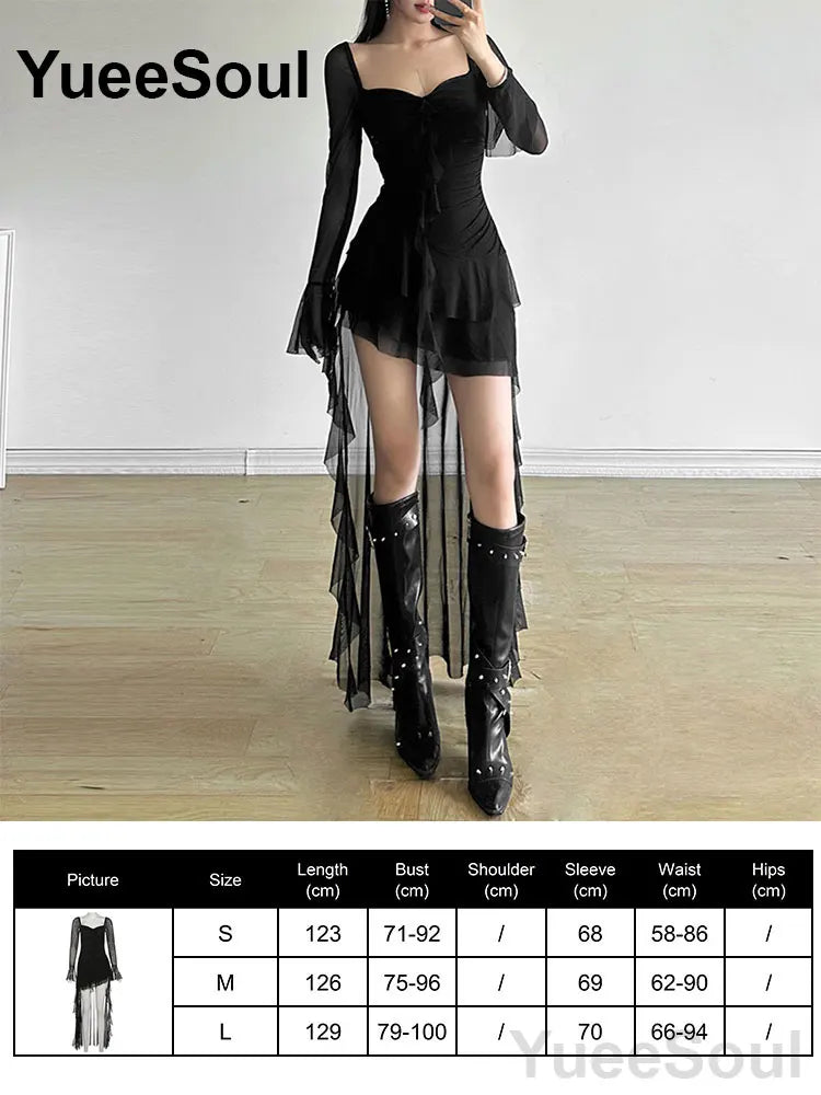 Halloween Gothic Grunge Punk Women Dress Long Sleeve Lace Slim Black Dresses 2026 New Y2K Harajuku Lolita Fairy Core Party Dress