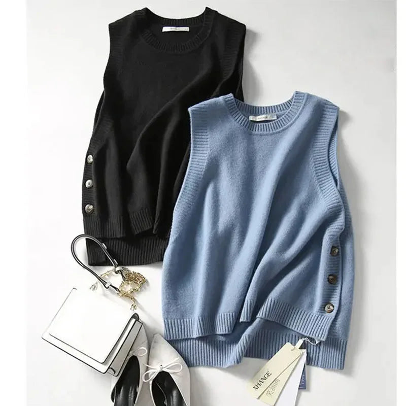 Fashion knit sweater vest College style under three-button solid color crew neck casual all-match pullover sweater for women