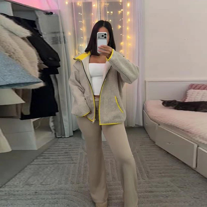 Fashion Contrast Knit Coat Women Stand Collar Zipper Pockets Full Sleeve Jacket 2025 Autumn Lady Elegant Outwear 2026 Spring New