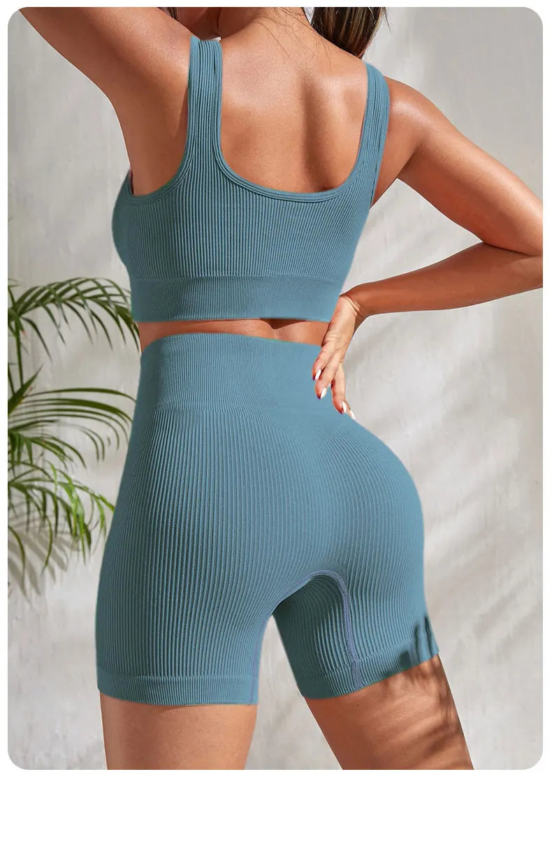Seamless Ribbed Fitness Set for Women Solid Color Knit 2 Piece Workout Outfit Crop Tank High Waist Shorts Yoga Running
