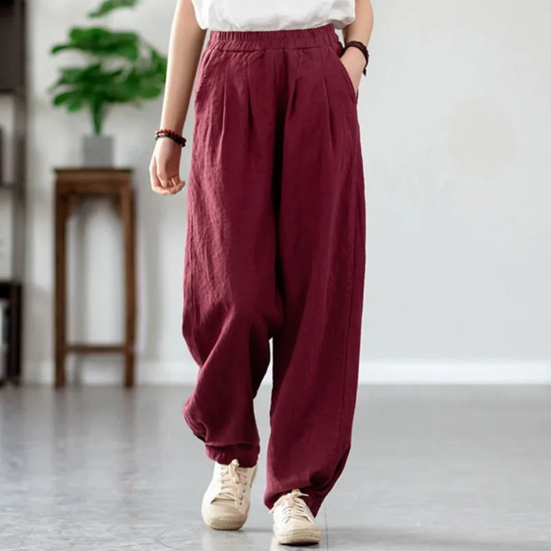 Johnature Women Vintage Solid Color Long Pants Linen Elastic Wasit 2025 Spring New Trouser Pockets Loose Women Straight Pants