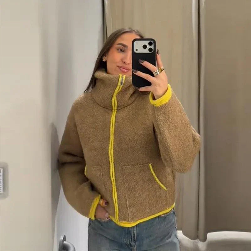 Fashion Contrast Knit Coat Women Stand Collar Zipper Pockets Full Sleeve Jacket 2025 Autumn Lady Elegant Outwear 2026 Spring New