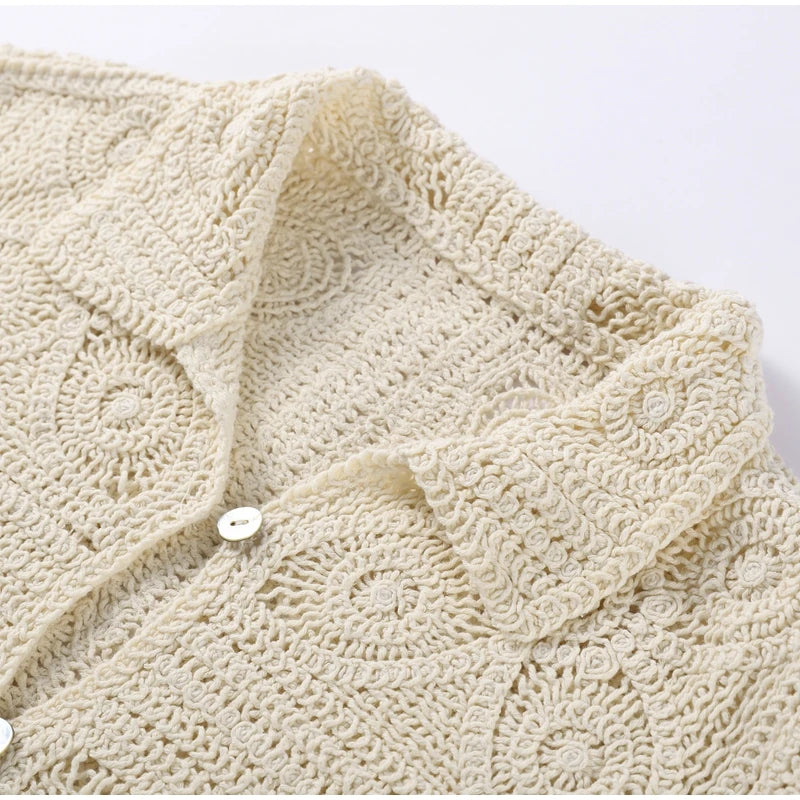 Sweater Crochet Tops Shorts Women Set Lapel Single Breasted Short Top Crochet Flower Hollow Out Shorts Casual Loose Woman Suits