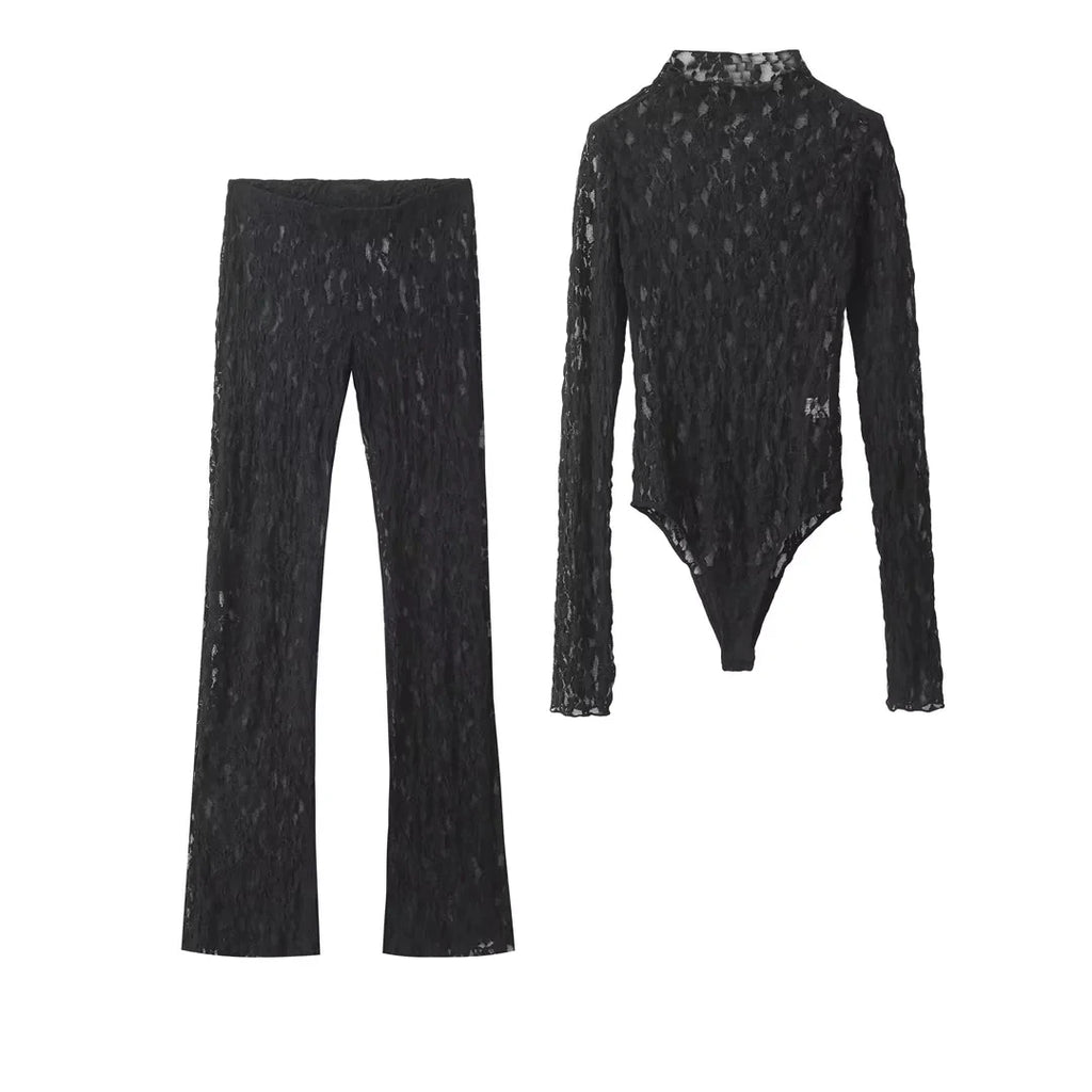HH Womens Lace Pants Sets Slim Jumpsuits Top + High Waist Trousers Sexy Lady Floral Lace Translucent Y2k Bodysuit Suits