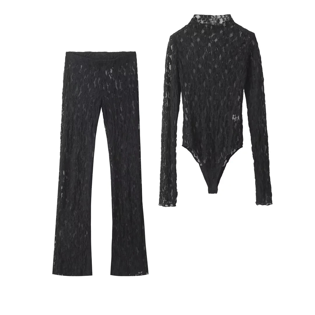 HH Womens Lace Pants Sets Slim Jumpsuits Top + High Waist Trousers Sexy Lady Floral Lace Translucent Y2k Bodysuit Suits