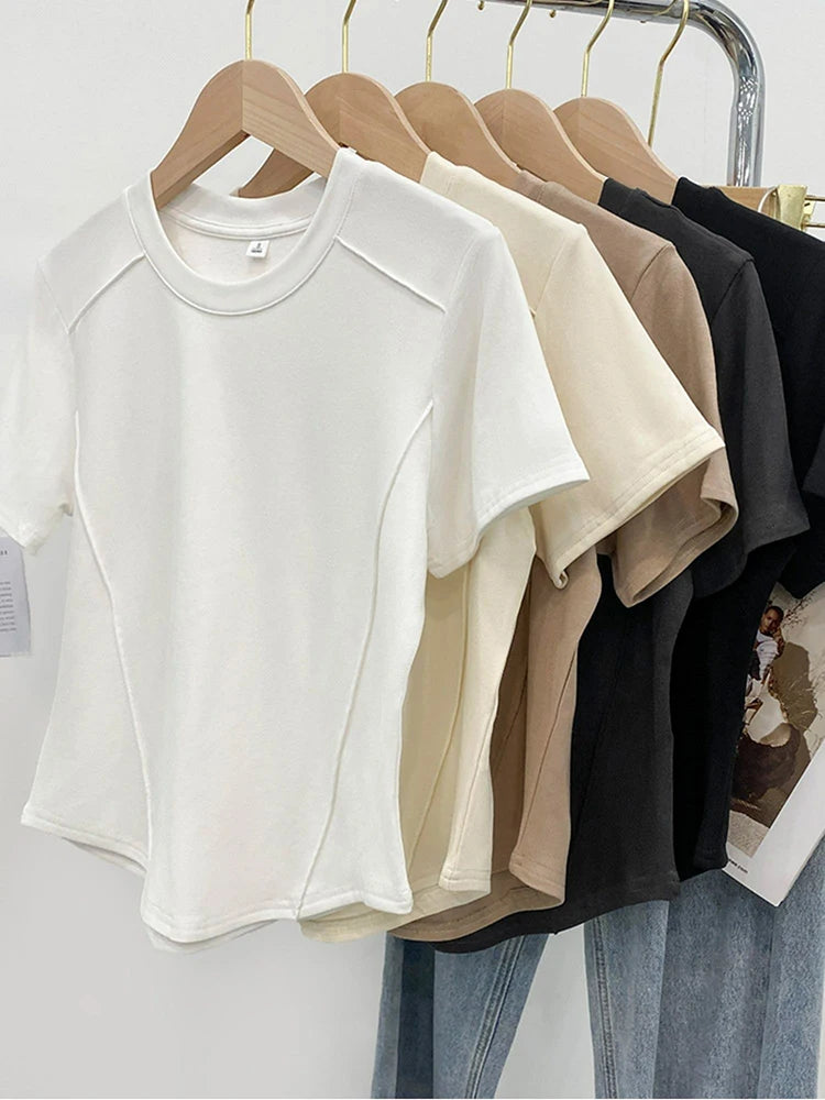 Solid color round-neck short-sleeved slim T-shirt for women 2026 summer and Europe new