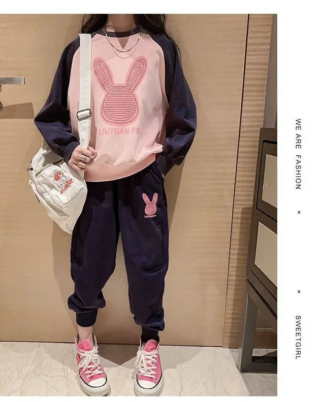 3-13 Years Spring Autumn Girls Clothing Set Cartoon Rabbit Pattern Full Sleeve Top +Pants 2Pcs For Kids