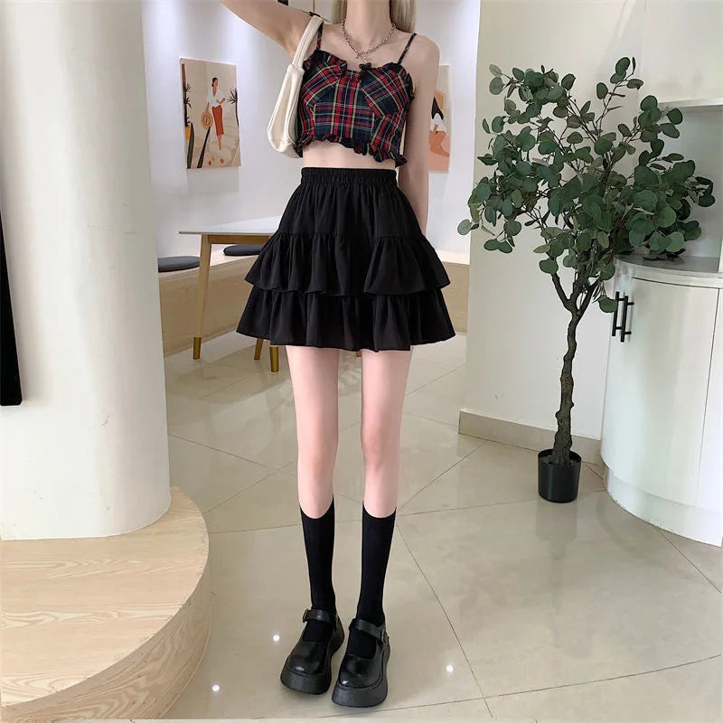 Pleated A-line Skirt White Women Ruffles Sweet Hottie Preppy Style Elastic Elastic Waist Slim Thin SimpleCasual Summer Wholesale