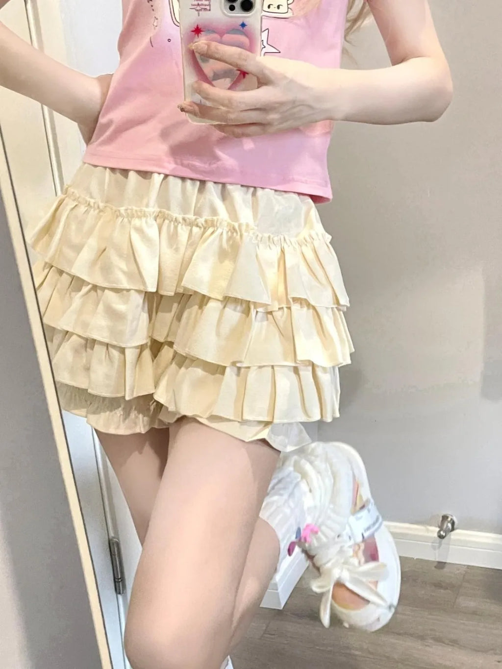 Puffy Cake Mini Skirts Women Ruched Ruffle High Waist Solid All-match Sweet Lovely Girls College Harajuku Trendy Streetwear Ins