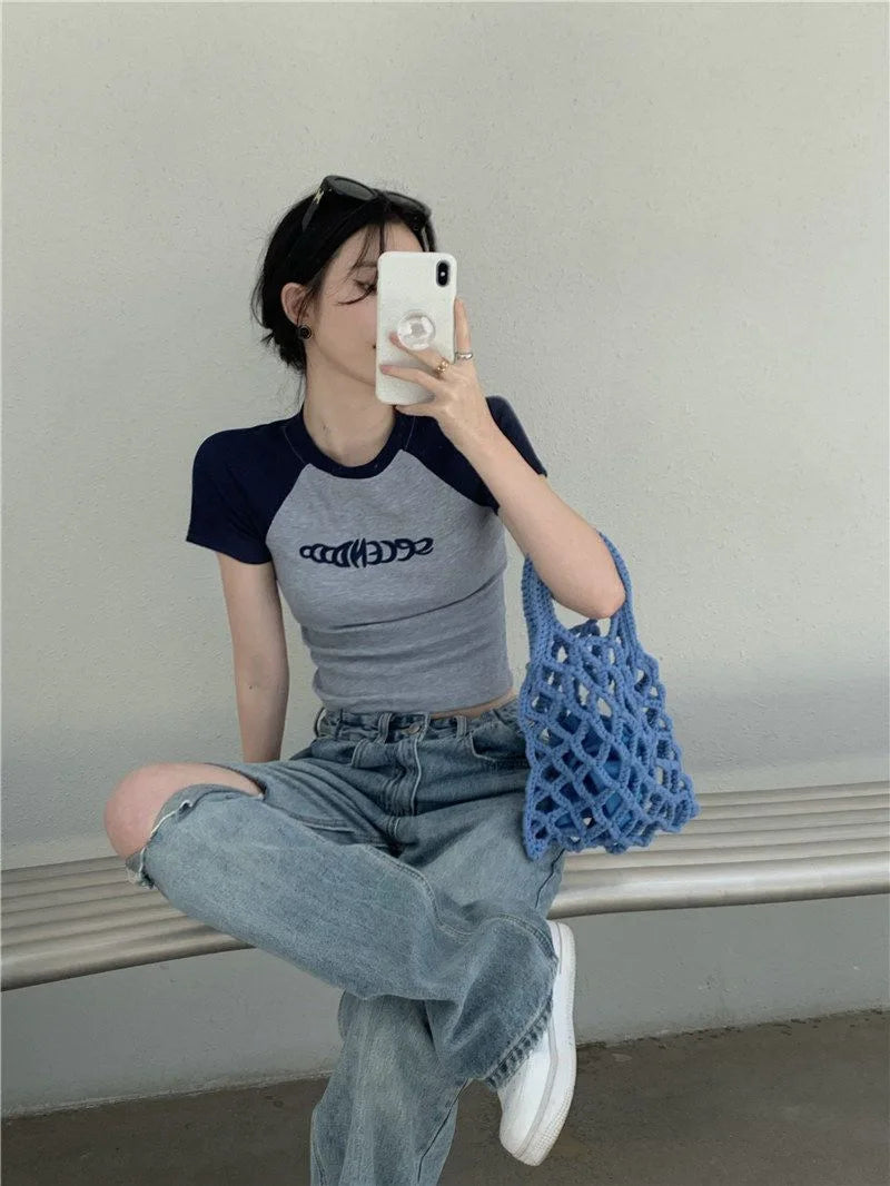 Y2K Women T Shirt Patchwork Letter Slim Fit Crop Tops Streetwear Casual Korean Fashion Short Sleeve Tshirts Bae Female Tees
