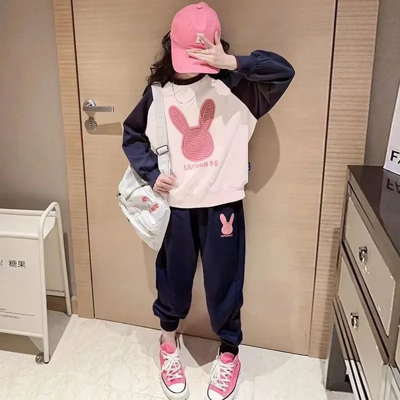 3-13 Years Spring Autumn Girls Clothing Set Cartoon Rabbit Pattern Full Sleeve Top +Pants 2Pcs For Kids