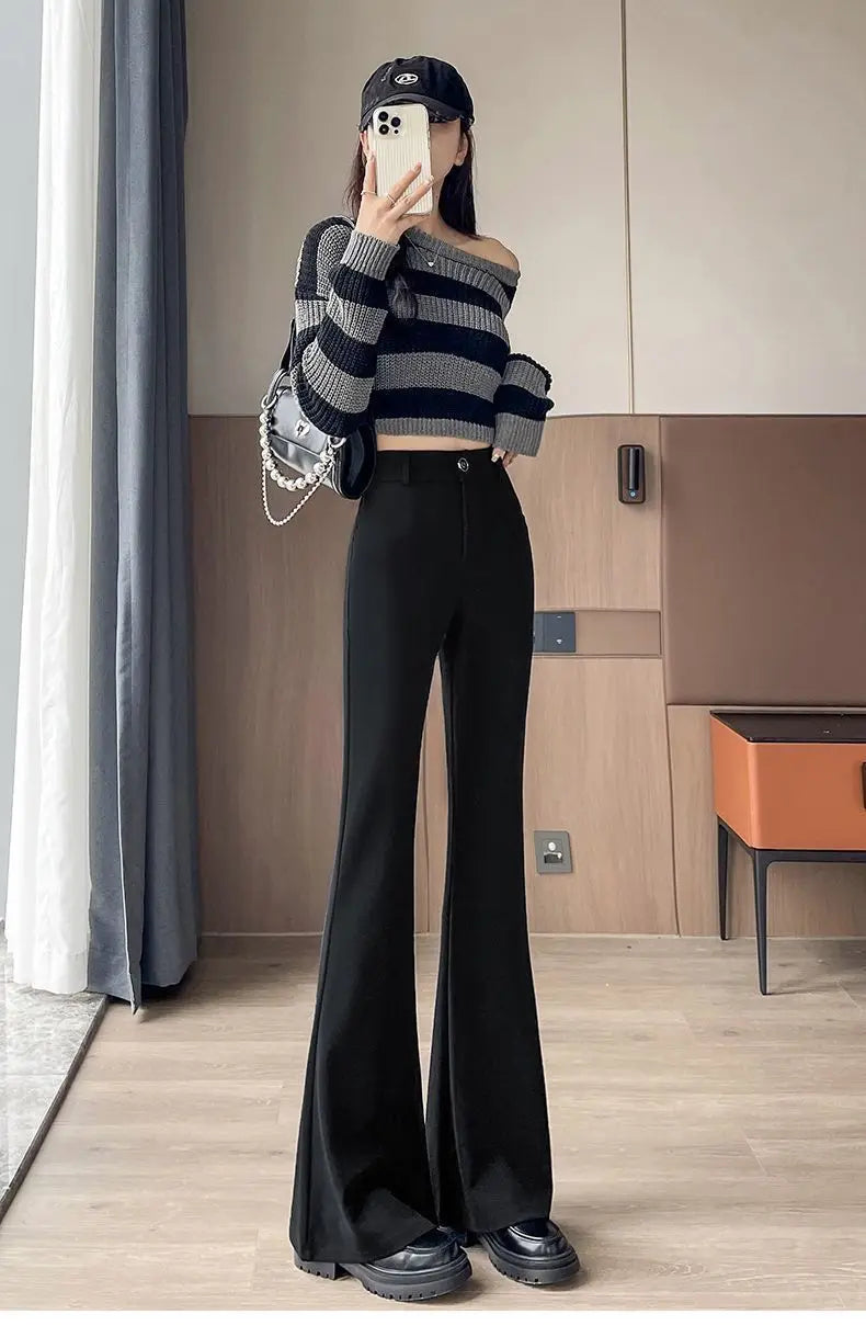 Women's High-Waisted Flared Pants Slim Fit Formal Trousers with Button Closure