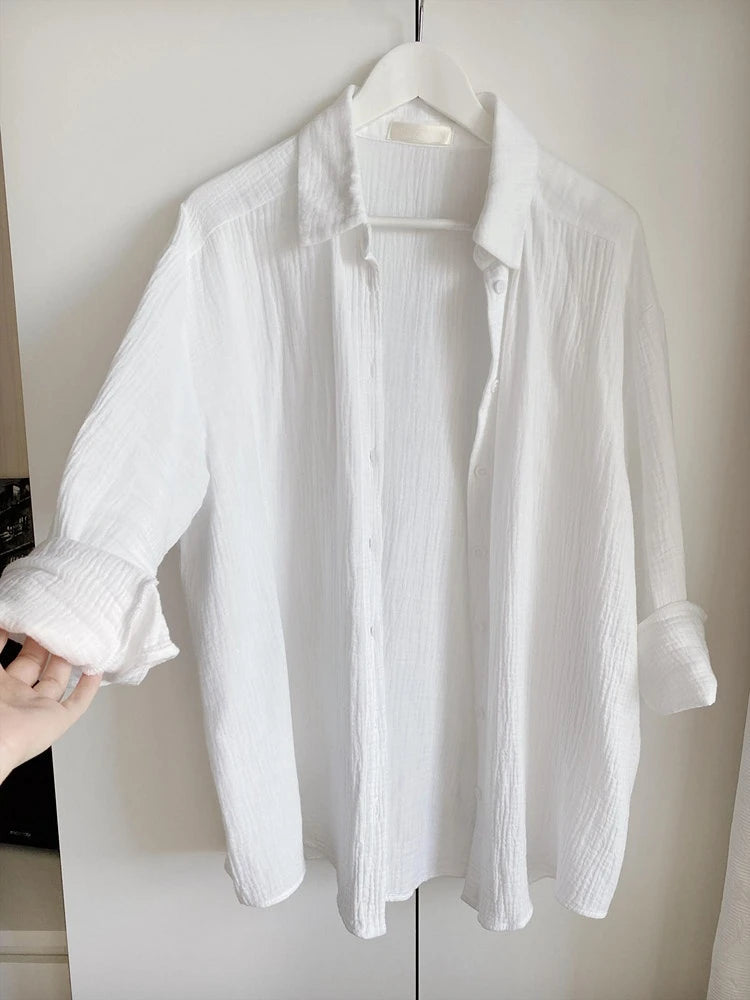 Bornladies 2025 Women's Spring Summer 100% Cotton Shirts Office Lady  Fashionable Solid Lady Long Sleeve Loose Tops Crepe Shirts