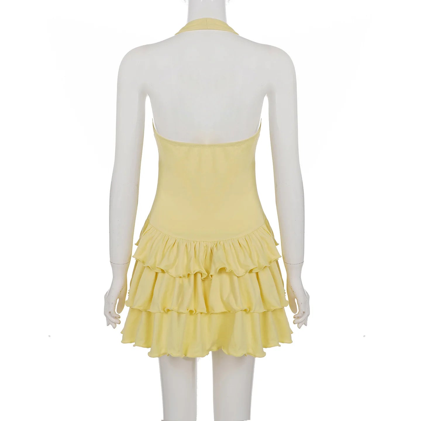 Vacation Halter Mini Dress For Women Solid High Waist Puffy Dress Ruffled Splice Fashion Sexy Slim Dress 2025 Summer New