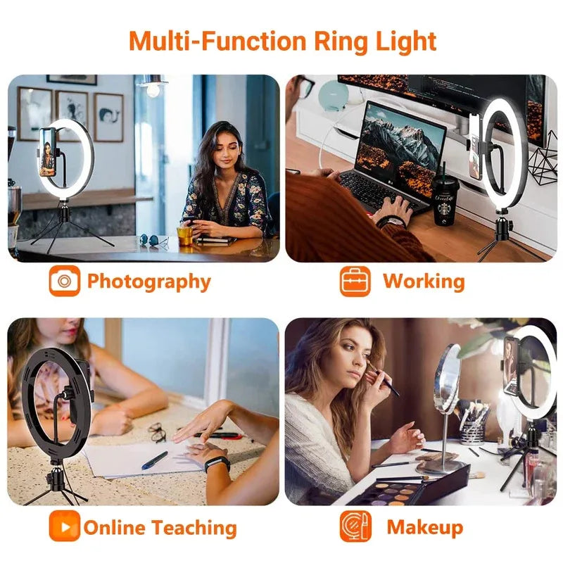 10" LED Ring Light with Tripod Stand Dimmable for Makeup & Live Streaming