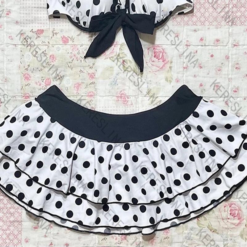 Women's bikini set cute retro casual streetwear Y2K Harajuku aesthetic hip-hop summer sweet polka dot slim Kawaii women's skirt