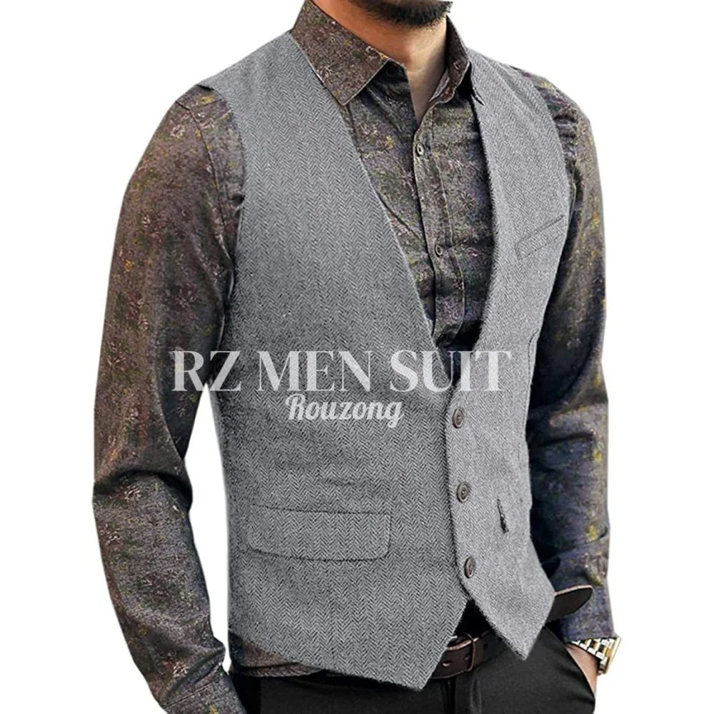 Men's Herringbone Tweed Wool Suit Vest Single Breasted Slim Fit Waistcoat Vest chaleco para hombre