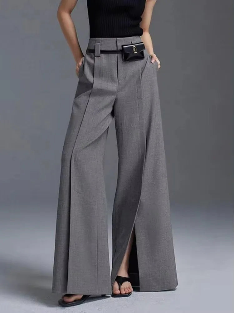 Yeezzi Urban Female Business Suit Pants 2025 New Fashion Black White Loose Straight Pant High-Waist Pleated Split-Front Trousers