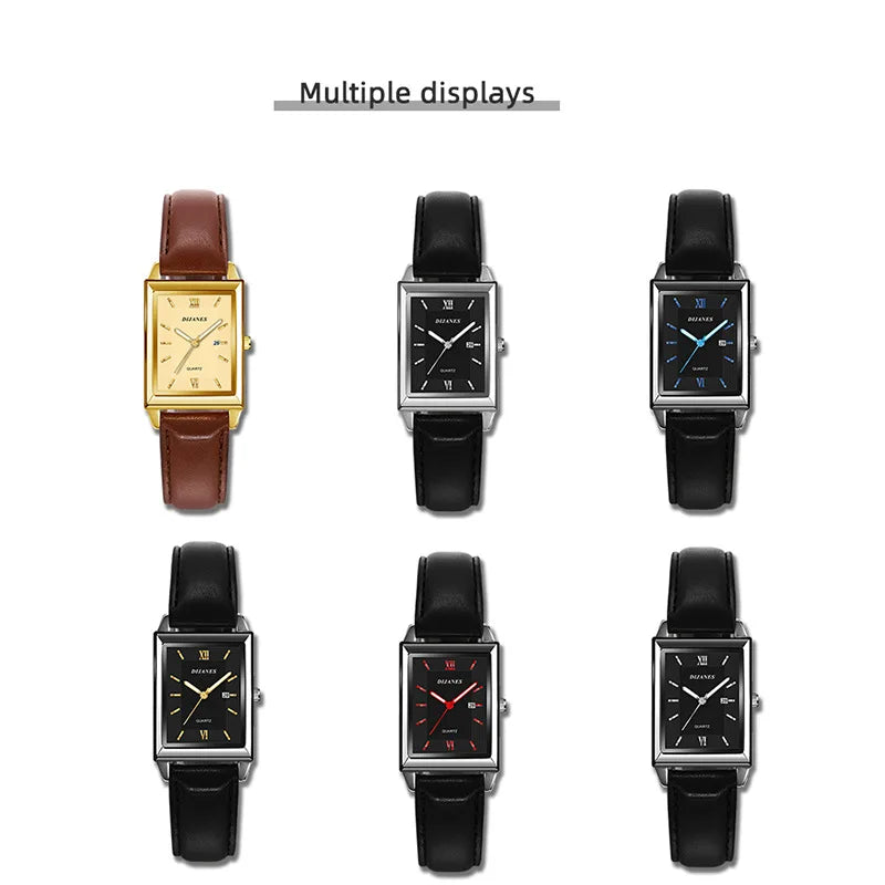 New Casual Leather Men's Square Quartz Watch Korean Student Calendar Watch Men Relojes Para Hombres