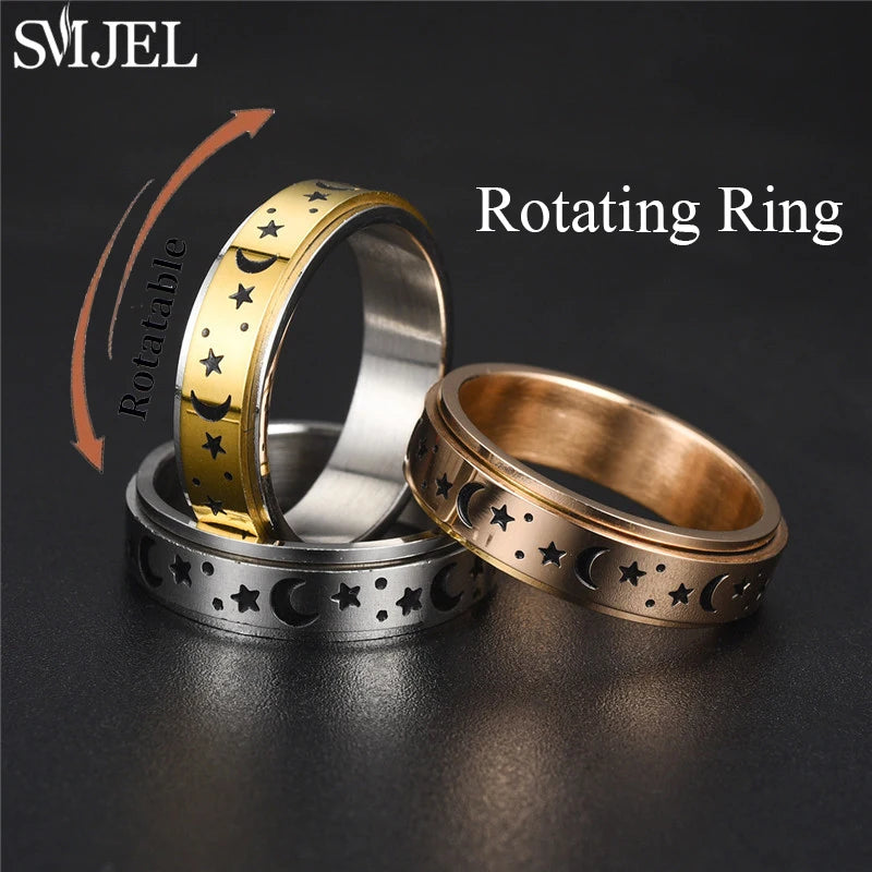 Fashion Star Moon Anxiety Relaxing Stainless Steel Rings for Women Men Metal Rotate Freely Spinner Ring Anillos De Hombres