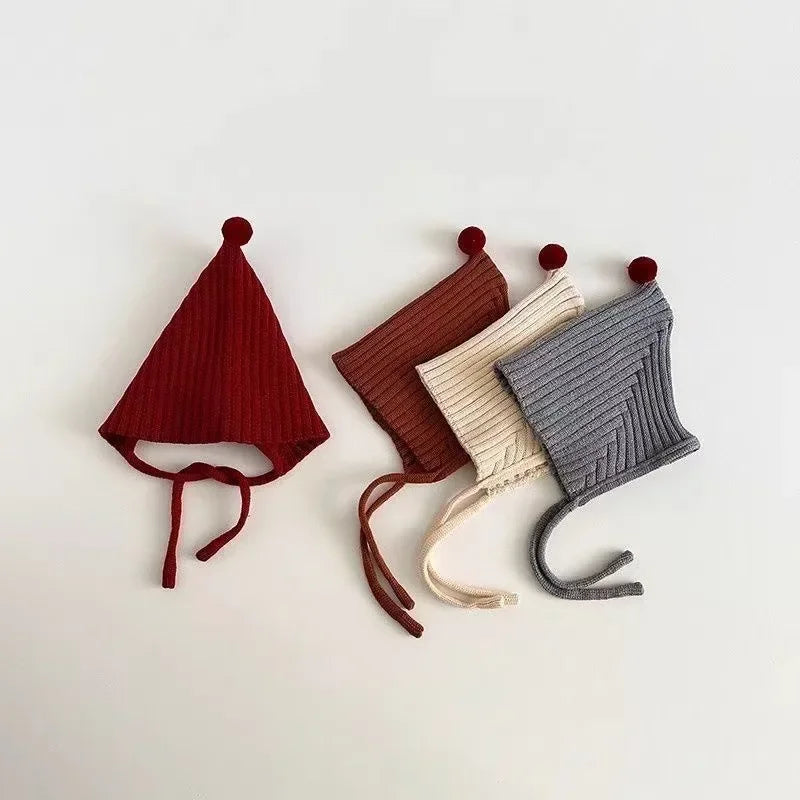 0-24M Baby Beanie Newborn Elf Hat Spring Autumn Knitted Windproof Warm Earflap Cap With Pom Pom