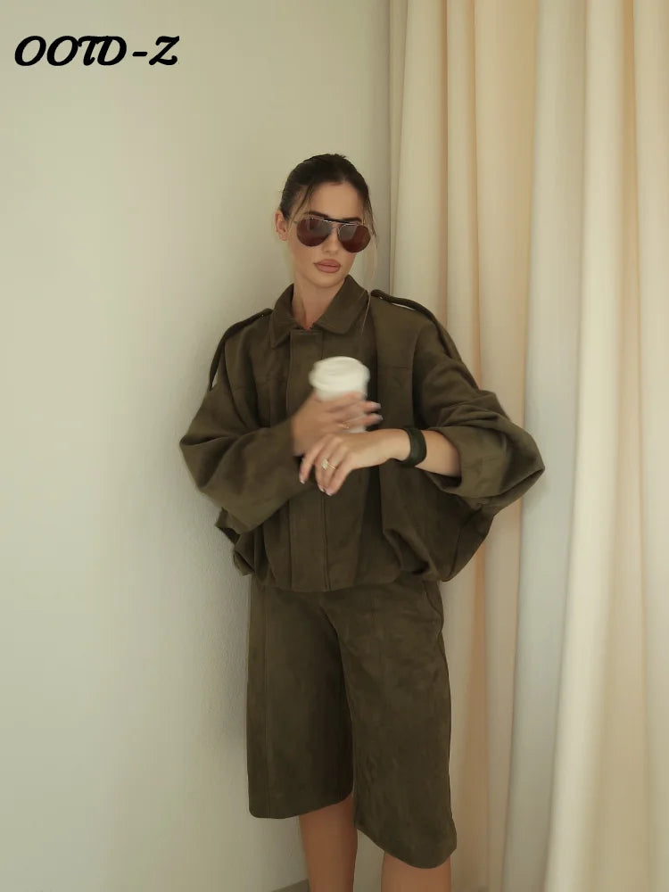 Fashion Coat Short Pant Women Set Casual Loose Lapel  Button Long Sleeve Female Jacket Suit 2025 Autumn High Street Lady Sets