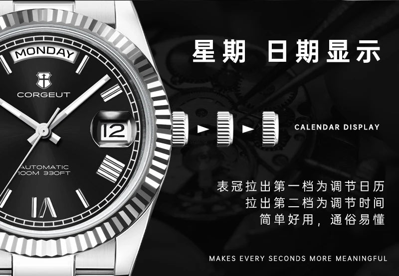 Corgeut automatisch mechanisch herenhorloge - 39/36mm Japanese movemen Saffierdatumweergave met vergrootglas - Reloj para Hombre