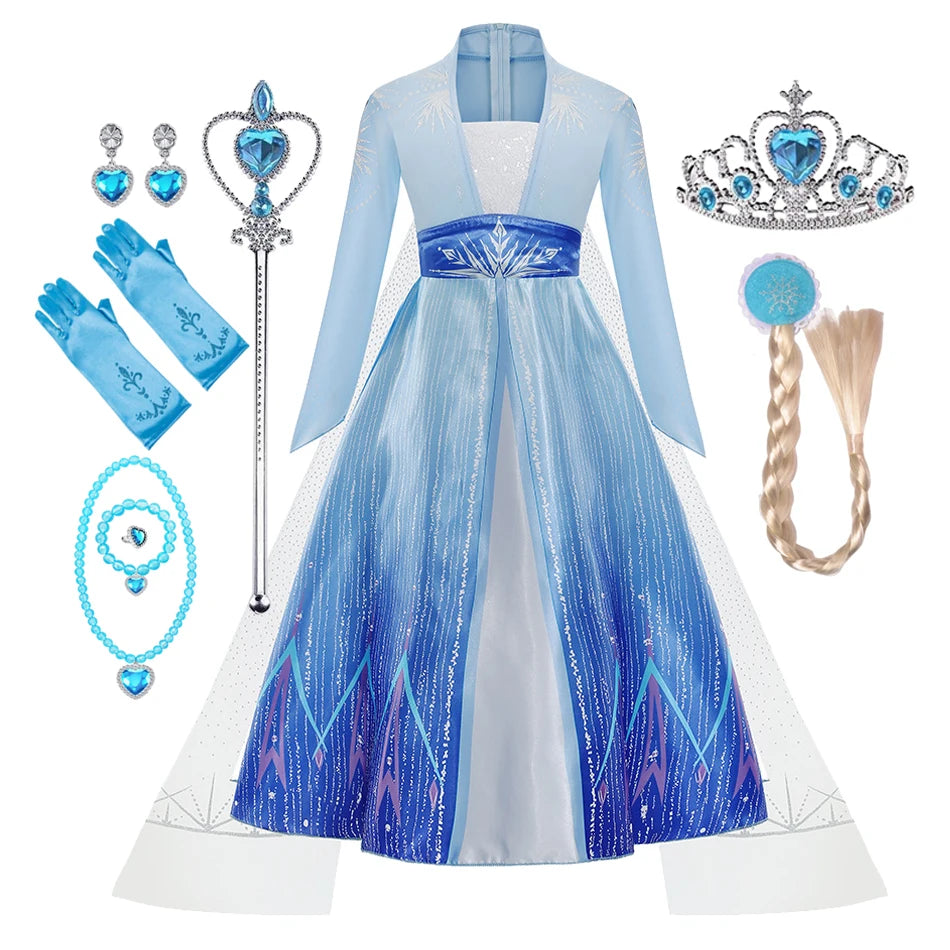 2026 Elsa Frozen Princess Costume For Girl Birthday Party Long Sleeve Halloween Cosplay Carnival Clothing Kids Dress For Girls
