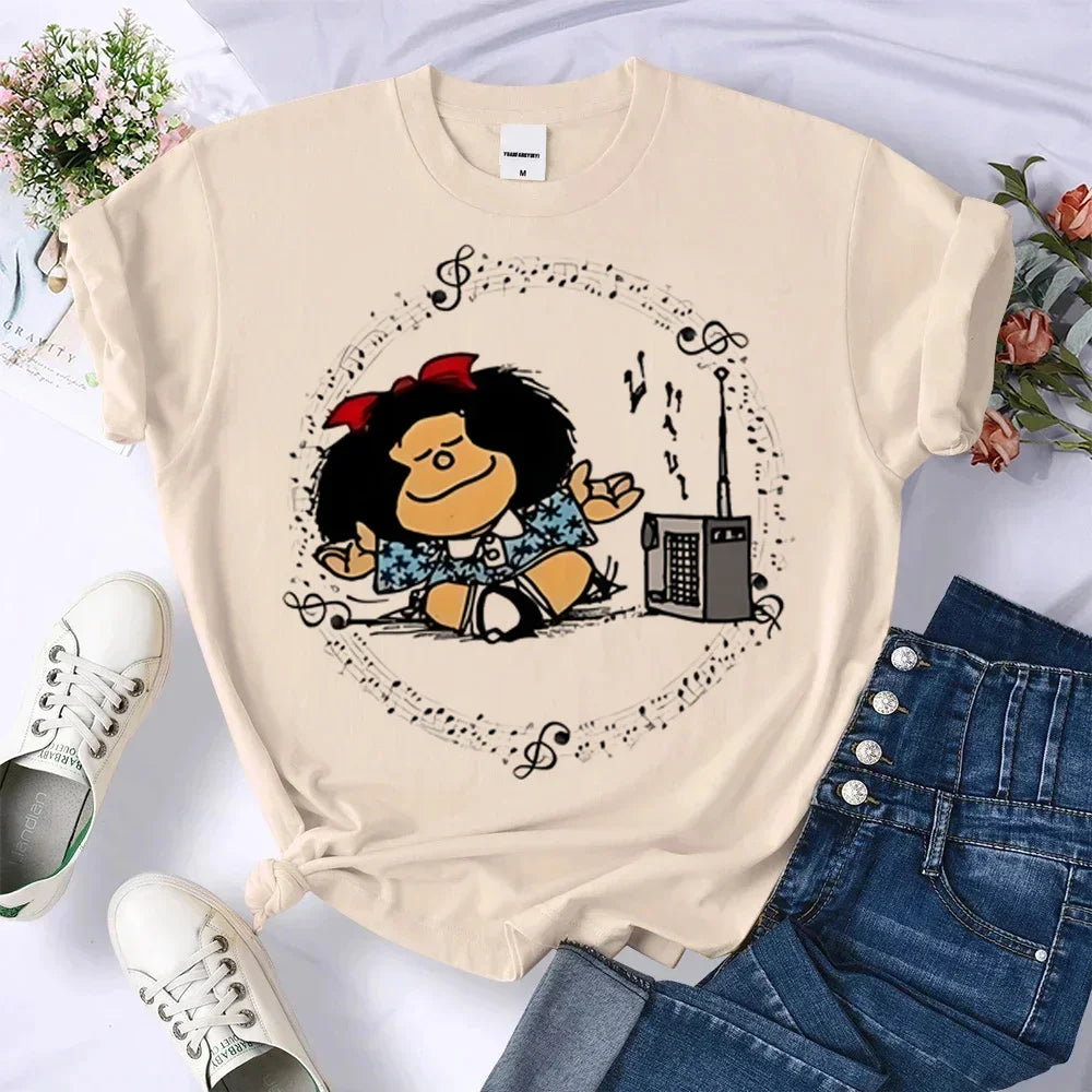 Mafalda Top Women's Casual Loose Comfortable Summer Pattern Manga T-shirt Female Designer Harajuku Clothing