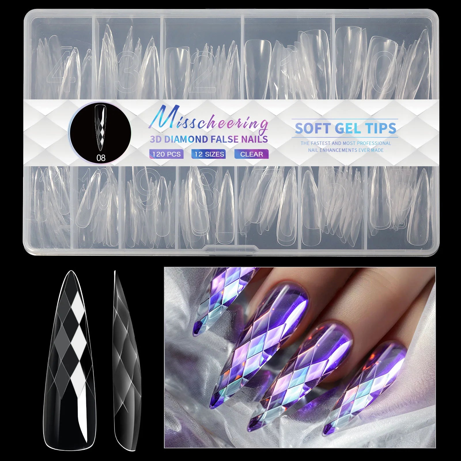 120/140Pcs 3D Diamond Almond Ballet Coffin False Nails Clear Press On Nails For Acrylic Gel Reusable Fake Tips DIY Nail Supplies