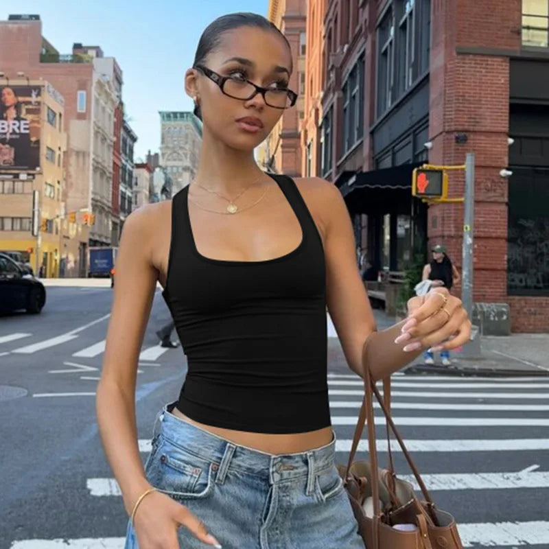 Square Collar Sleeveless Bodycon Crop tank Top Women’S Solid Sexy Elegant Y2K Top Party Clubwear Summer Outfit Wholesale