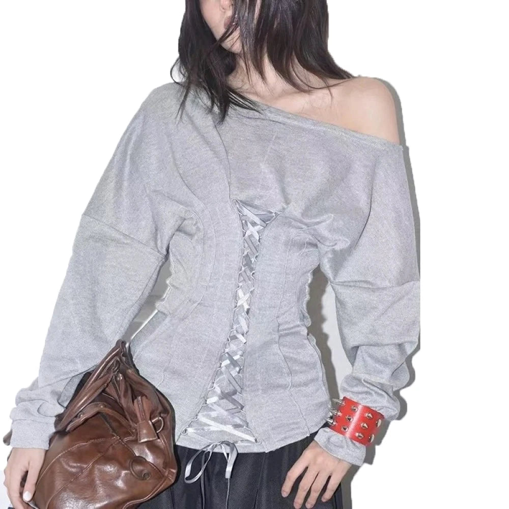 SylCue Casual Fashion T-Shirts Woman Skew Collar Off Shoulder Full Sleeve Drawstring Design Daily Simple Versatile Style Tops